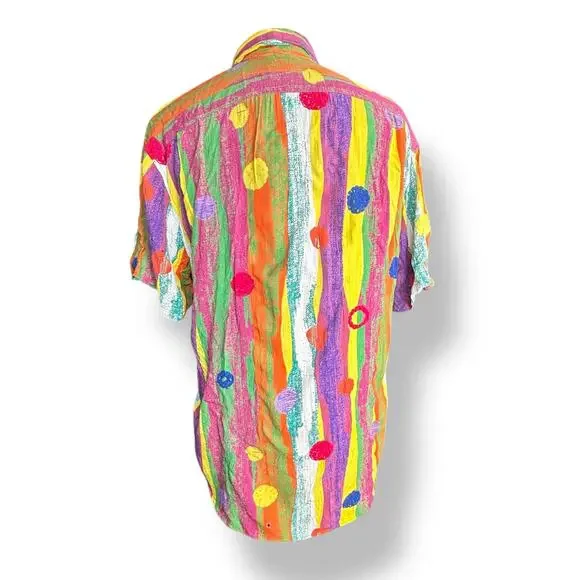 Vintage 90s Jams World Crinkle Shirt Small Multicolor Striped Polka Dot Retro - Picture 5 of 11